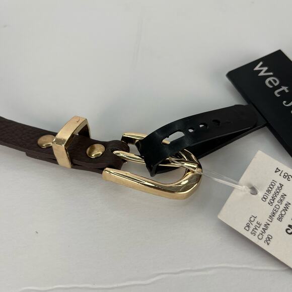 Wet Seal Skinny Brown Faux Leather Belt Gold Chain Detailing Size Small NEW - Picture 4 of 8